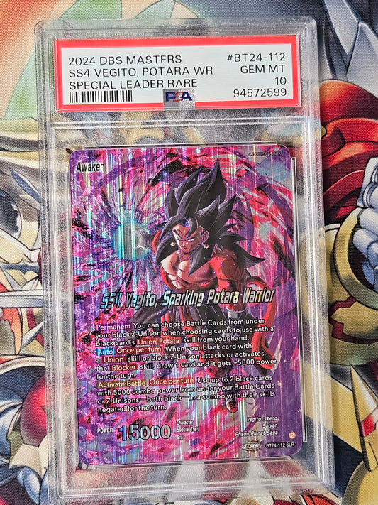 SS4 Vegito Sparking Potara Warrior/SS4 Son Goku & SS4 Vegeta BT-24 #112 Special Leader Rare PSA 10 GEM MINT Dragon Ball Super Card Game