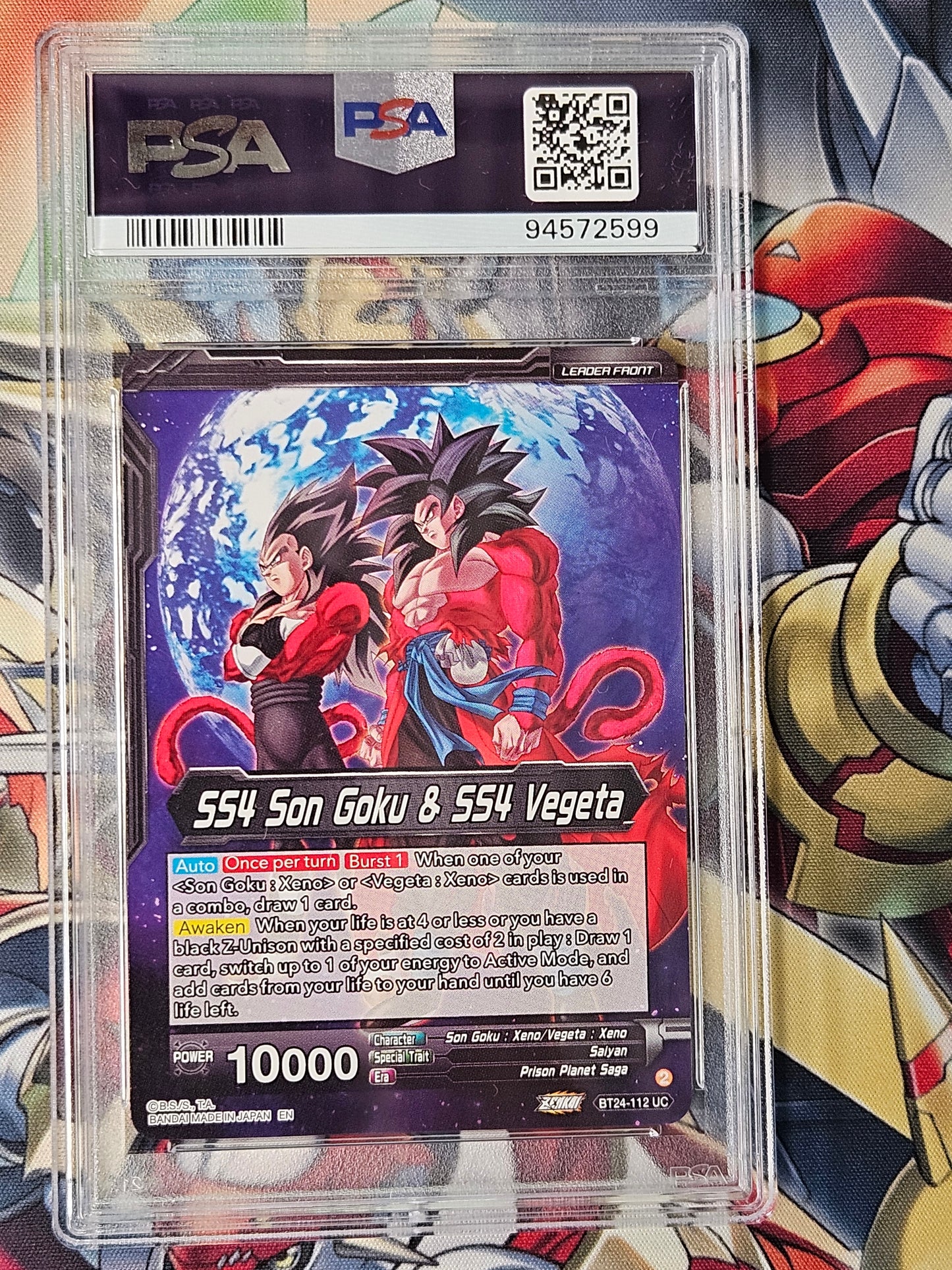 SS4 Vegito Sparking Potara Warrior/SS4 Son Goku & SS4 Vegeta BT-24 #112 Special Leader Rare PSA 10 GEM MINT Dragon Ball Super Card Game