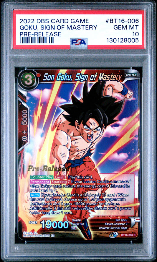 Son Goku, Sign Of Mastery Series 16 Realm Of The Gods Bt16-006 Pre-Release GEM MINT 10 Dragon Ball Super Card Game - Masters