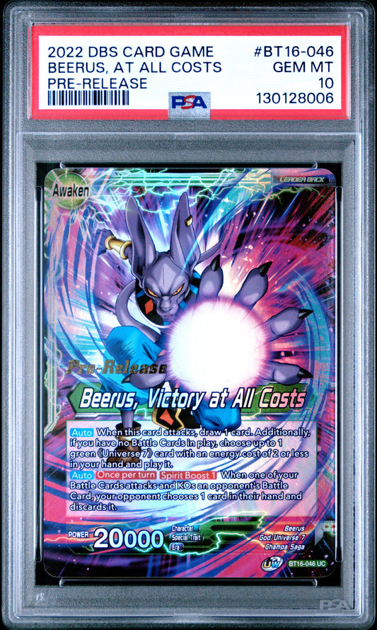 Beerus/Beerus, Victory At All Costs Series 16 Realm Of The Gods Bt16-046 Pre-Release GEM MINT 10 Dragon Ball Super Card Game - Masters