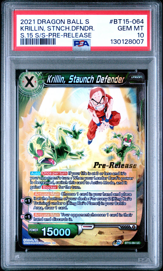Krillin, Staunch Defender Series 15 Saiyan Showdown Bt15-064 Pre-Release GEM MINT 10 Dragon Ball Super Card Game - Masters